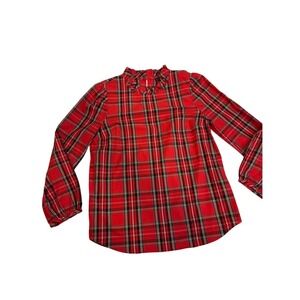 J Crew Womens S Red Tartan plaid Long Sleeve Ruffle Neck Shirt Holidays